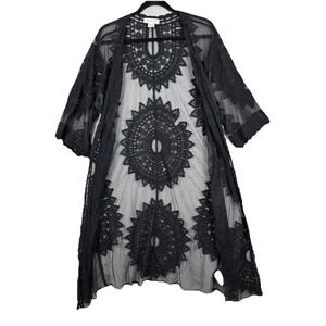 Rachel Zoe Kimono Cover Up Duster Black Lace Embroidered OS Boho Grunge Festival